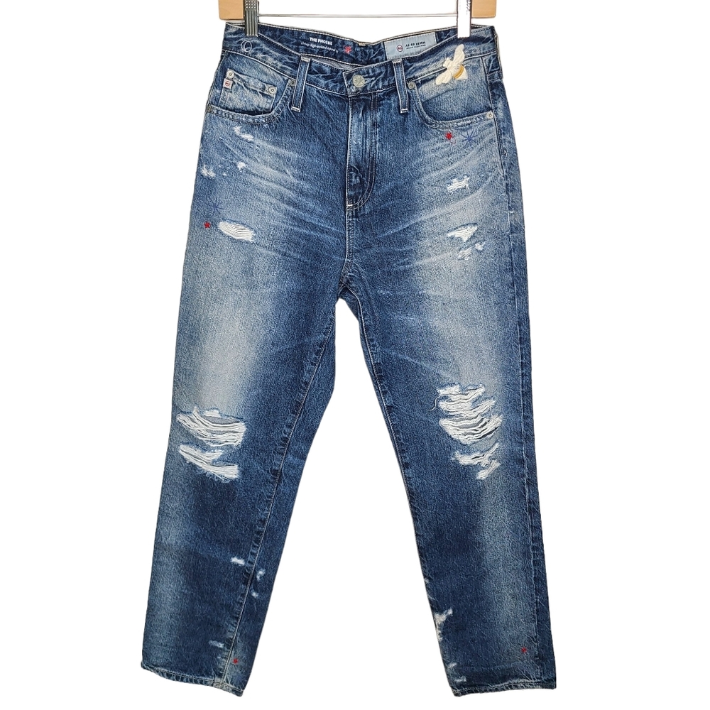 AG The Phoebe Vintage High-Waisted Tapered Leg Distressed Embroidered Jeans 28